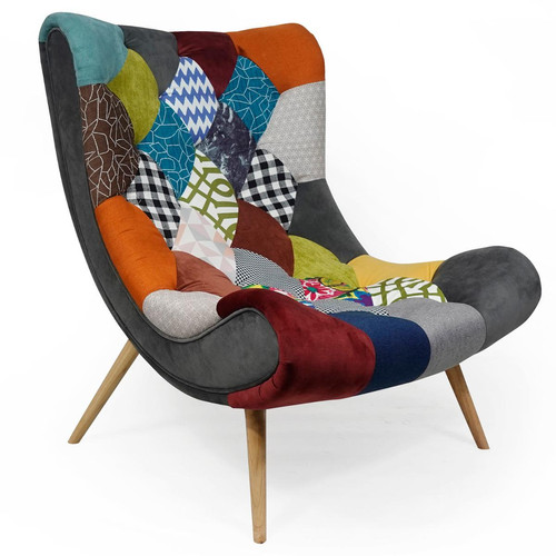 3S. x Home - Fauteuil scandinave Romilly Tissu Patchwork - Fauteuil multicolore design