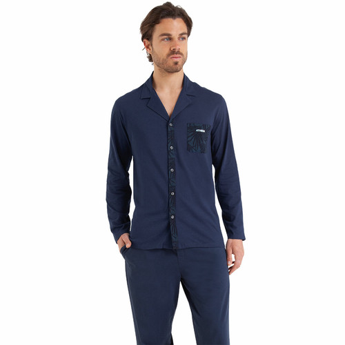 Athéna - Pyjama long ouvert Easy Print bleu en coton pour homme  - Promo Sous-vêtement & pyjama