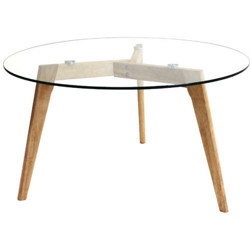 Table Basse Ronde d80cm en Verre Piétement en Bois Beige MACA Transparent 3S. x Home Meuble & Déco