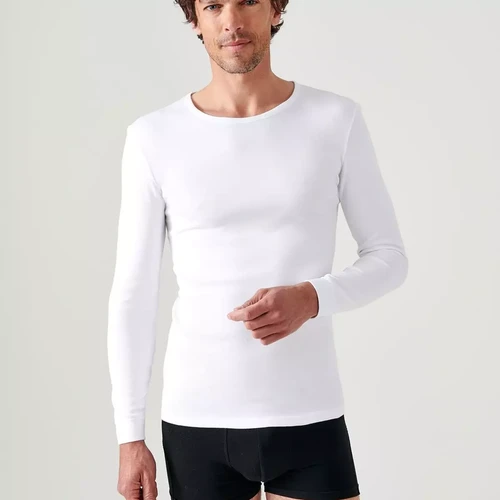 Damart - Tee-shirt manches longues col rond en mailles blanc - Vêtement homme