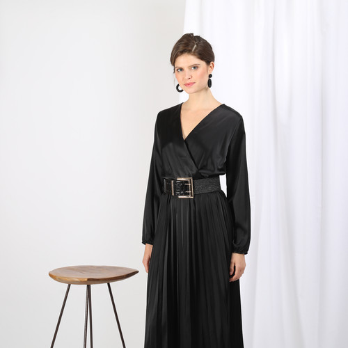 3S. x Le Vestiaire - Robe plissée midi col V - Robe femme noire