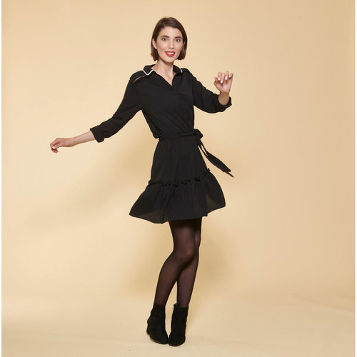 3 SUISSES - Robe courte manches longues taille élastique et ceinture contrastée femme - Noir - Robes chic femme noir