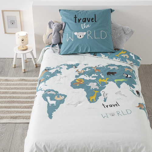 3S. x Home - Parure Carte Monde 140 x 200 - Parure de lit enfant