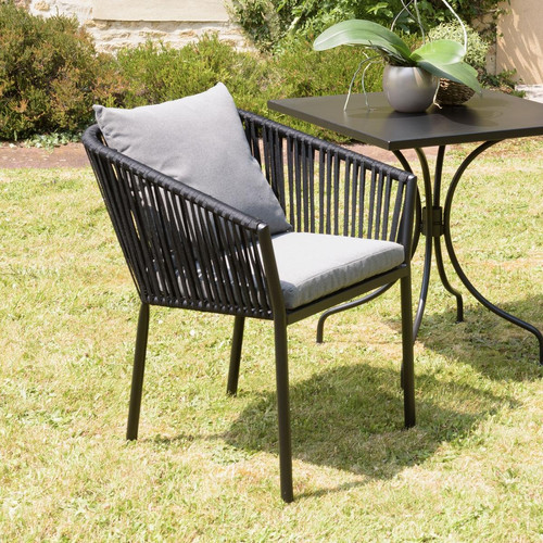 Macabane - Lot de 6 fauteuils en cordage noir coussins gris anthracite MALO - Salon De Jardin Design