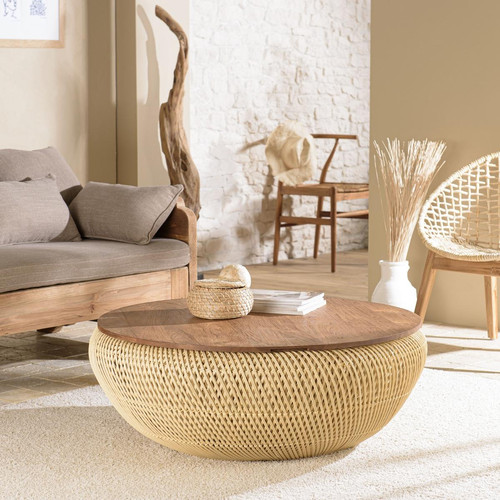 Macabane - Table basse ronde 100x100cm en rotin beige plateau amovible  - Meuble Et Déco Design