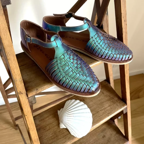 Sandales tressées PEONIA bleu mermaid en cuir Mapache Mode femme